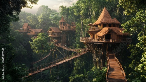 futuristic illustration of intertwined cabins in the middle of the jungle photo