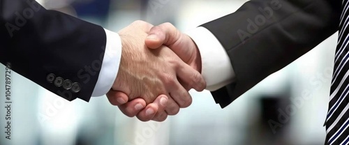 Successful Businessmen Shaking Hands in Office, Blurred Background, Banner size,Cooperation concept. photo