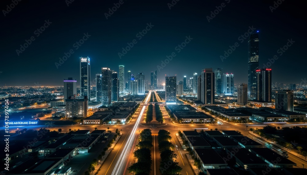 Fototapeta premium Vibrant cityscape at night illuminated by bright lights and neon signs
