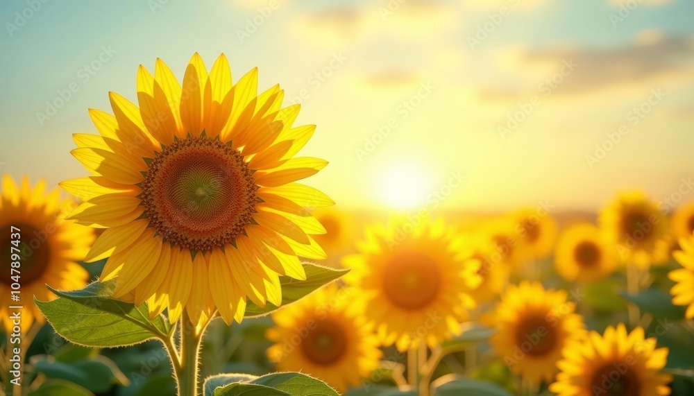 Obraz premium Bright and Beautiful Sunflowers at Sunrise