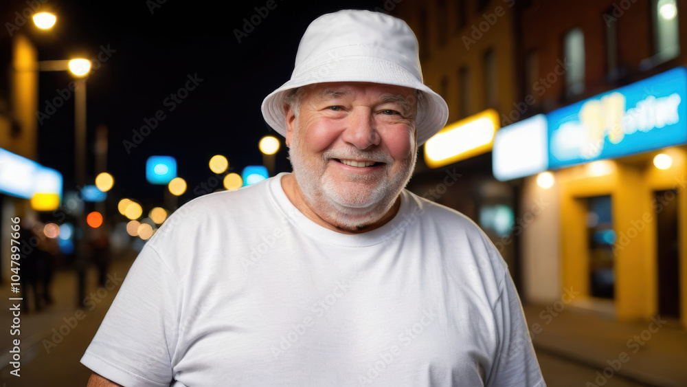 Plus size senior man wearing white t-shirt and white bucket hat standing on the street at night Plus size senior man wearing white t-shirt and white bucket hat standing on the street at night