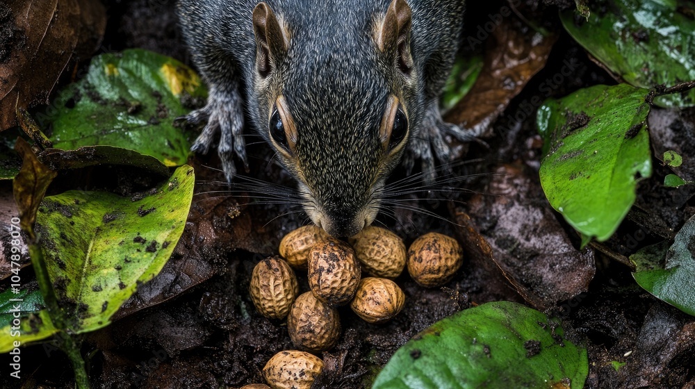 Obraz premium Squirrel foraging for nuts amid fallen leaves