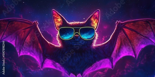 Neon bat, punk wings, glowing sunglasses, bright night sky photo