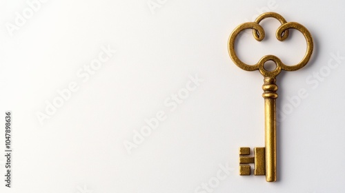 A single ornate golden key lies on a white background, leaving space for text.