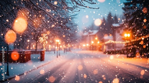 ** Enchanting Winter Wonderland Street Scene with Snowfall and Festive Lights Illuminating a Serene Evening Atmosphere..**