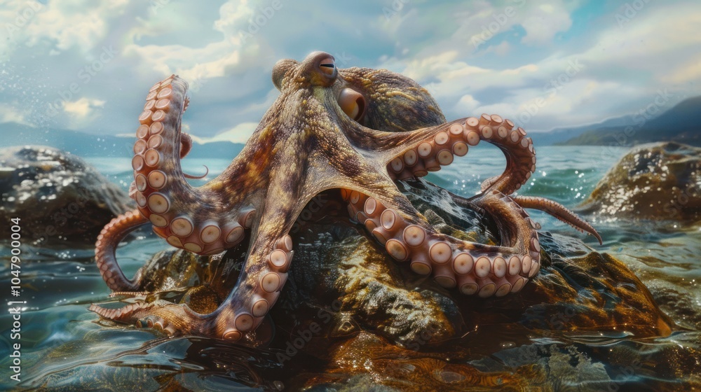 Fototapeta premium Octopus Resting on a Rocky Shore with Ocean in the Background