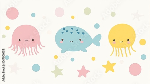 Cute cartoon whale and jellyfish with stars and dots on white background.