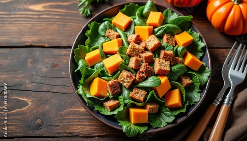  Fresh salad with cheese and croutons on a rustic table