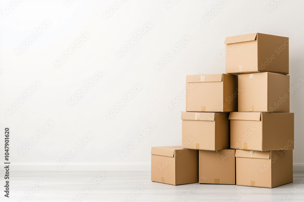 Stacked cardboard boxes in minimalistic corner create tidy atmosphere Stacked cardboard boxes in minimalistic corner create tidy atmosphere