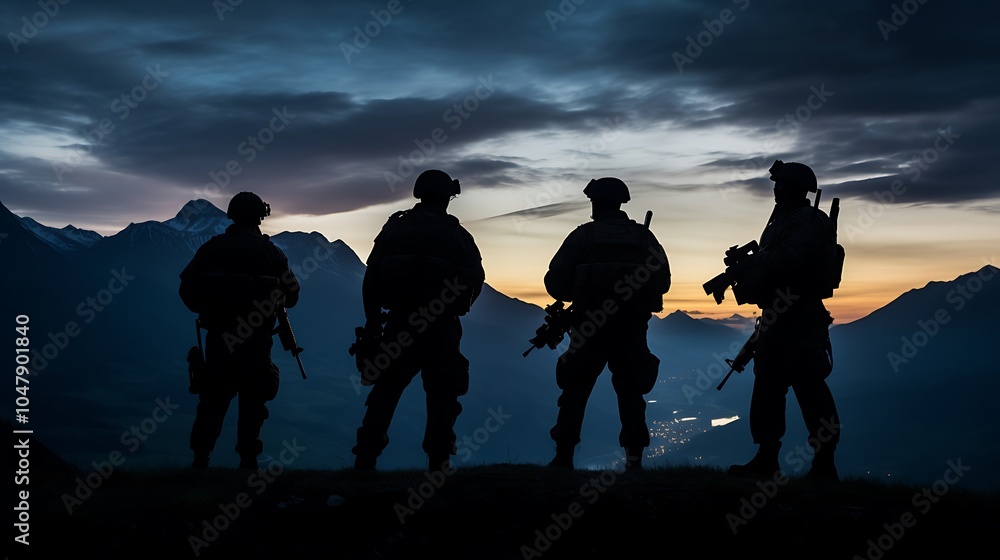 Silhouettes of Soldiers on Mountaintop at Dawn Silhouettes of Soldiers on Mountaintop at Dawn