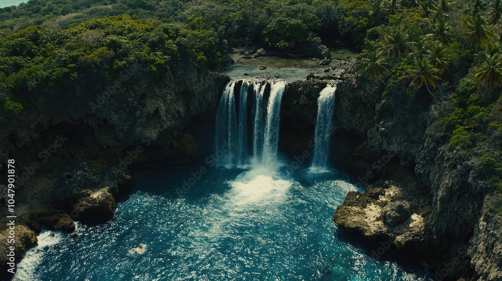Serene Waterfall Cascading into Turquoise Lagoon Serene Waterfall Cascading into Turquoise Lagoon