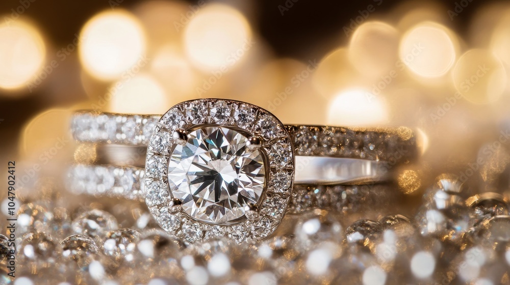 A close-up of a sparkling diamond engagement ring on a bed of glittering stones. A close-up of a sparkling diamond engagement ring on a bed of glittering stones.