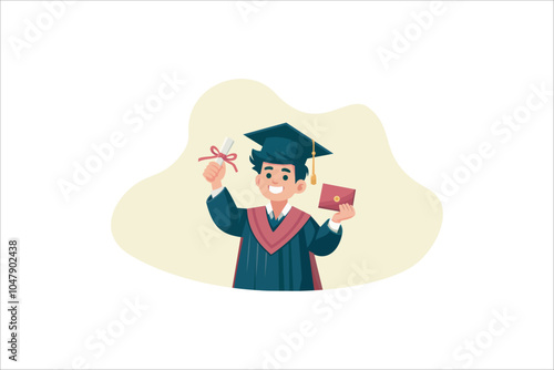 Young man celebrating her graduation. Graduate with a diploma and graduate cap. Vector illustration.