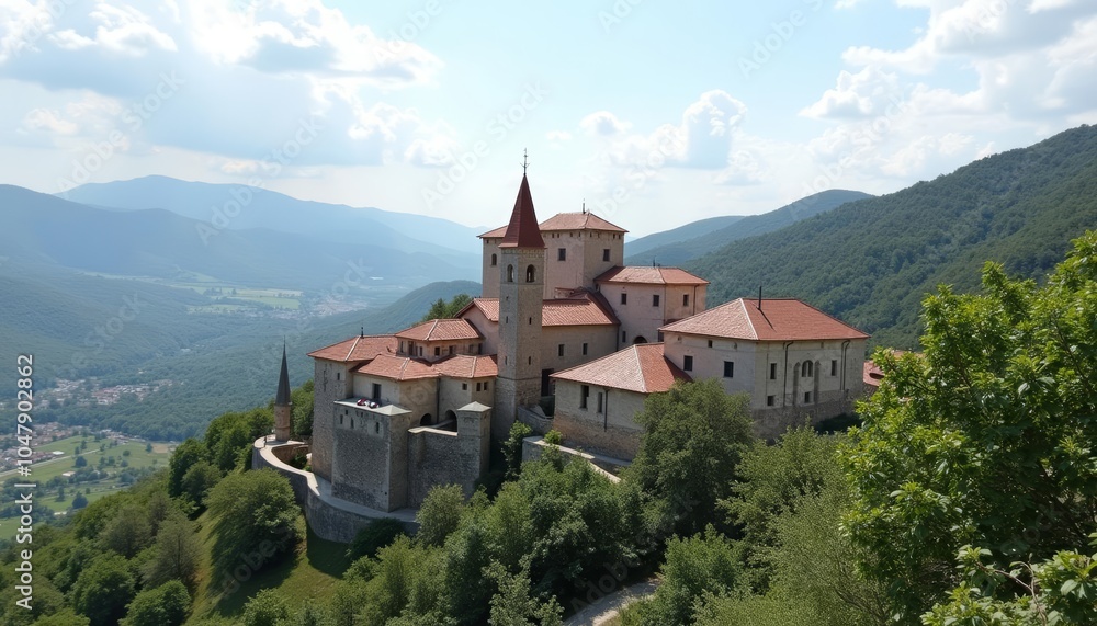 Elegant castle overlooking serene valley Elegant castle overlooking serene valley