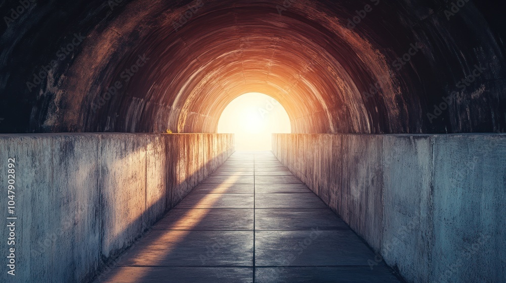 Naklejka premium A concrete tunnel with a bright light at the end.