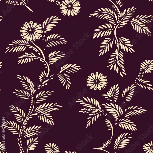 Vintage Beige Floral and Leaf Pattern on Dark Maroon Background, Seamless Ornamental Design with Stylized Flowers and Foliage, Elegant Nature-inspired Wallpaper