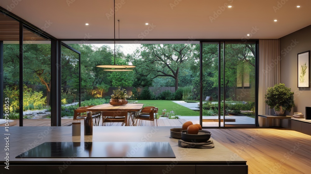 Fototapeta premium View of modern kitchen counter looking through to dining area. glass exterior doors with views to the garden. Modern kitchen. Ultra realistic. Photorealistic
