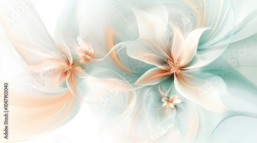 Elegant spring abstract with swirling flowers and soft glowing light in pastel hues, isolated on white