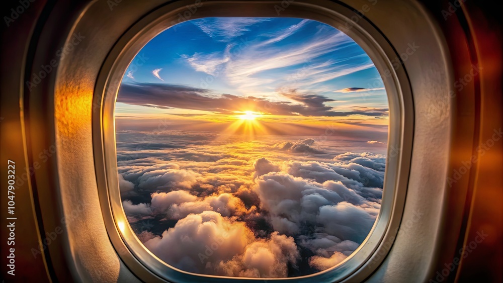 Golden Rays Pierce Through Clouds As The Sun Sets Over The Horizon From An Airplane Window Golden Rays Pierce Through Clouds As The Sun Sets Over The Horizon From An Airplane Window