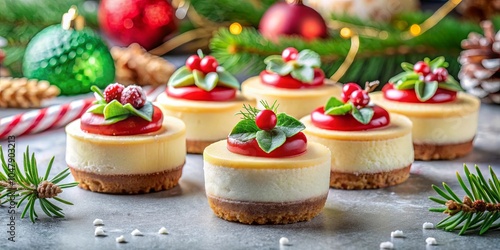 Miniature Cheesecakes Adorned with Festive Red Glaze and Delicate Green Foliage, a Delightful Holiday Treat