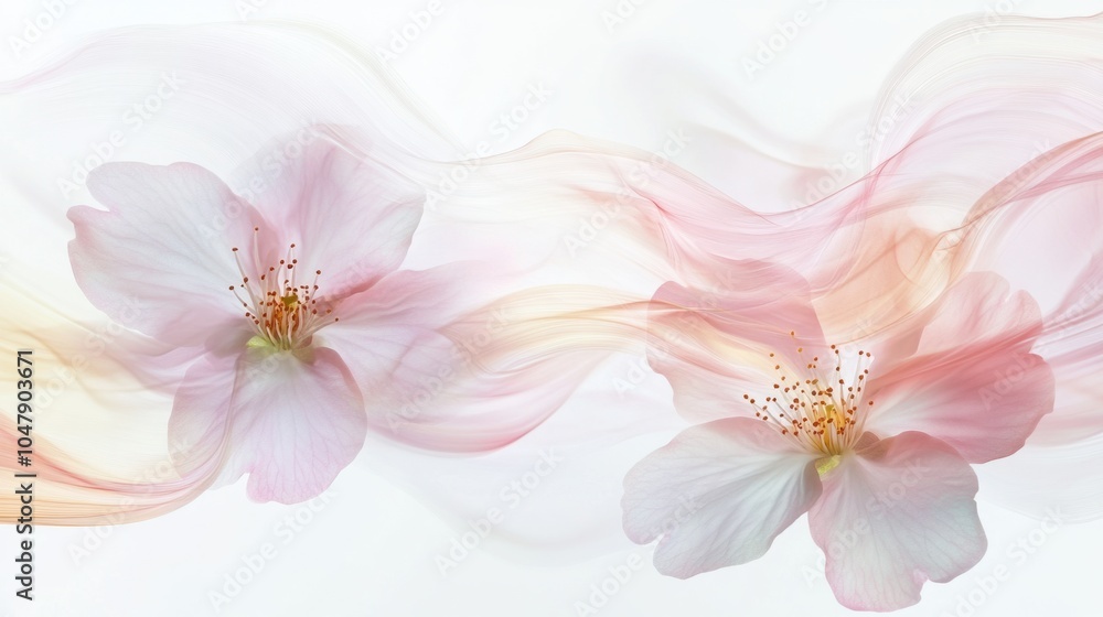 Soft spring abstract background with blooming cherry blossoms and swirling pastel light trails, isolated on white Soft spring abstract background with blooming cherry blossoms and swirling pastel light trails, isolated on white