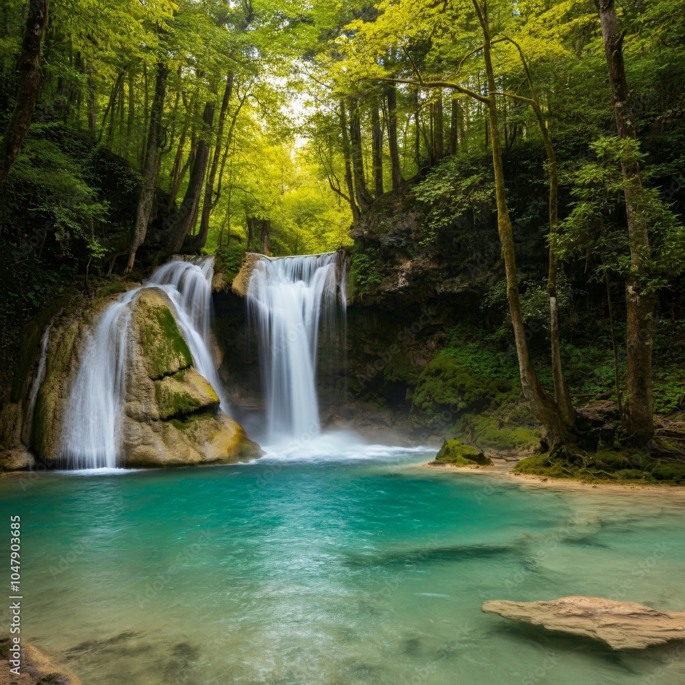 Turquoise waterfall cascading into a lush green forest Turquoise waterfall cascading into a lush green forest