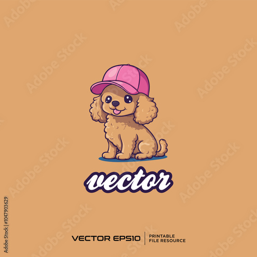 Adorable Puppy Illustration on Tan Background with Pink Hat, Vector Art