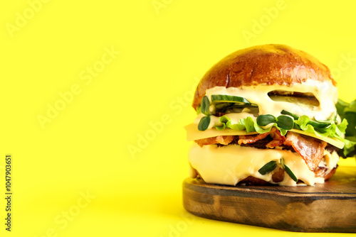 Wooden board with tasty bur...