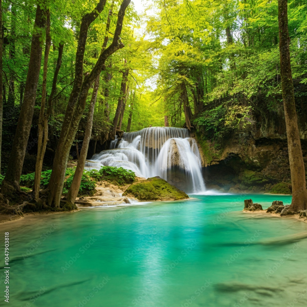 Turquoise waterfall cascading into a lush green forest Turquoise waterfall cascading into a lush green forest
