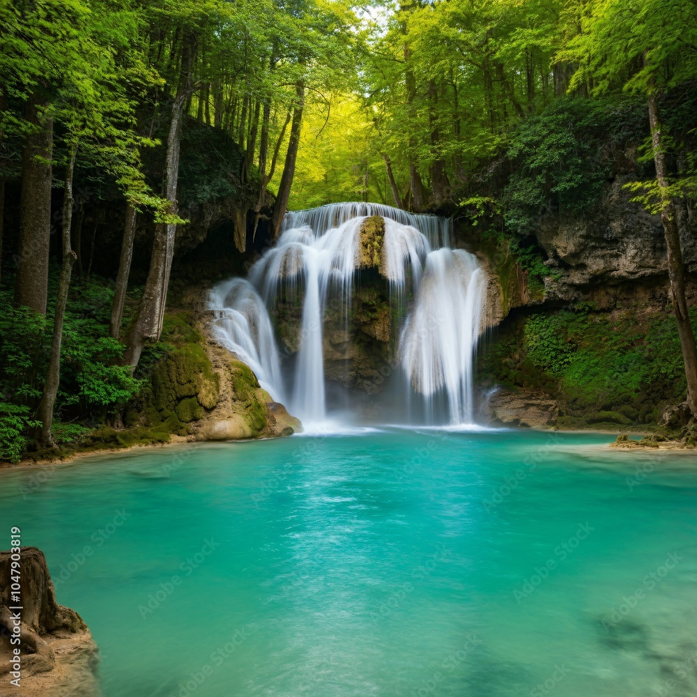 Turquoise waterfall cascading into a lush green forest Turquoise waterfall cascading into a lush green forest