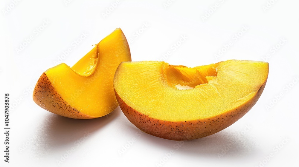 Two Slices of Ripe Mango on a White Background Two Slices of Ripe Mango on a White Background