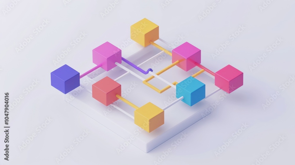 Colorful Cubes Interconnected by Rods on a White Platform Colorful Cubes Interconnected by Rods on a White Platform