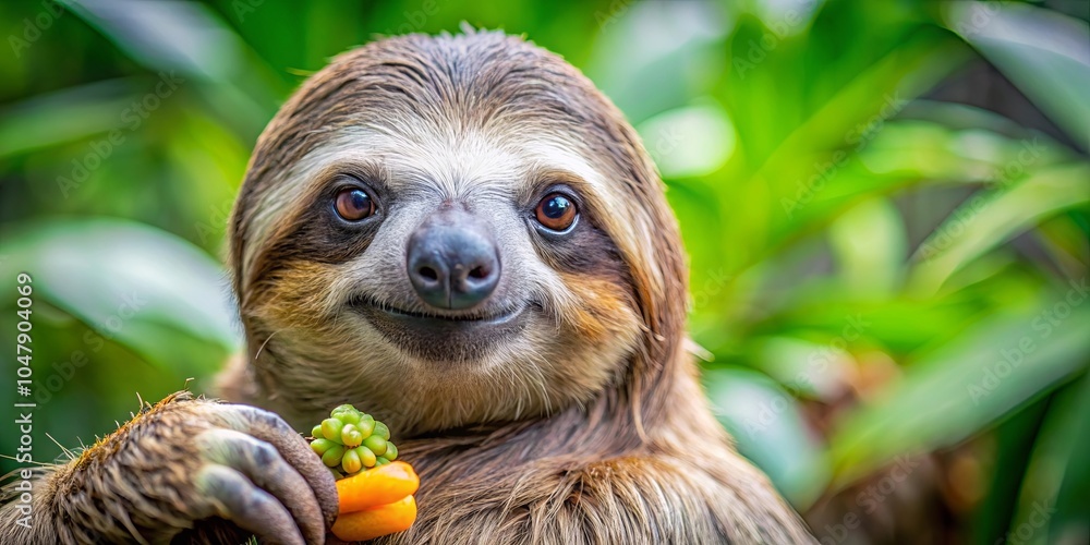 A Curious Sloth With a Gentle Smile Holds a Cluster of Brightly Colored Fruit While Gazing Directly at the Camera A Curious Sloth With a Gentle Smile Holds a Cluster of Brightly Colored Fruit While Gazing Directly at the Camera