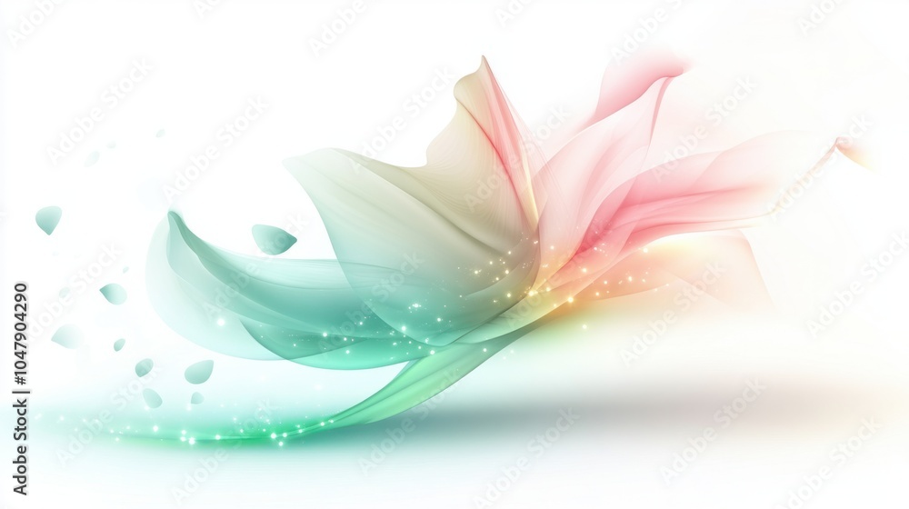 Fototapeta premium Soft spring abstract design with floating petals and glowing green and pink light effects, isolated on white