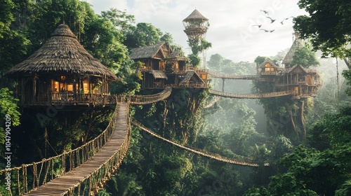 futuristic illustration of intertwined cabins in the middle of the jungle photo