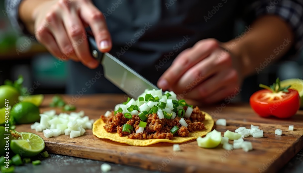 Preparing a flavorful taco with fresh ingredients Preparing a flavorful taco with fresh ingredients