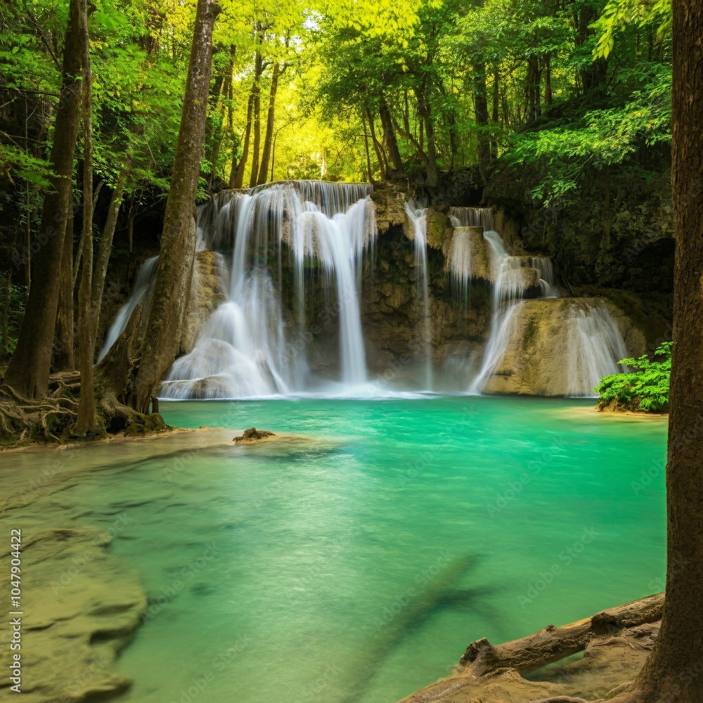 Turquoise waterfall cascading into a lush green forest Turquoise waterfall cascading into a lush green forest