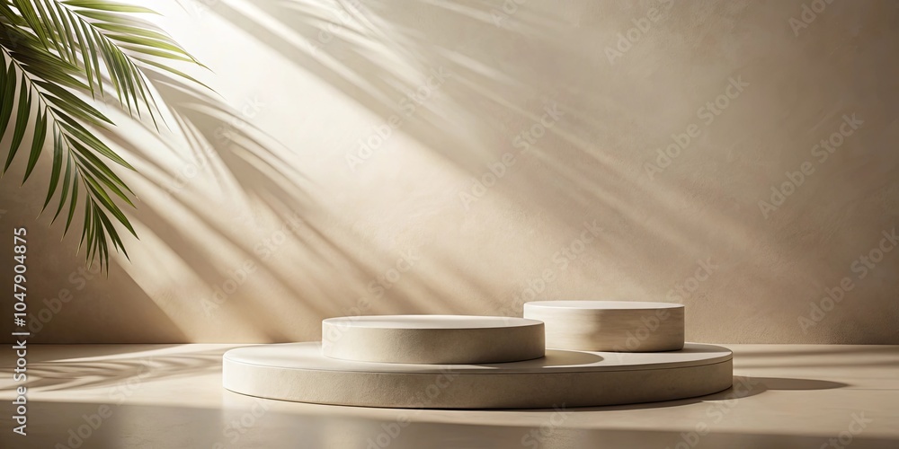 Minimalist Display of Two Circular Platforms Against a Light Beige Wall with a Soft, Natural Light and Palm Leaf Shadows Minimalist Display of Two Circular Platforms Against a Light Beige Wall with a Soft, Natural Light and Palm Leaf Shadows