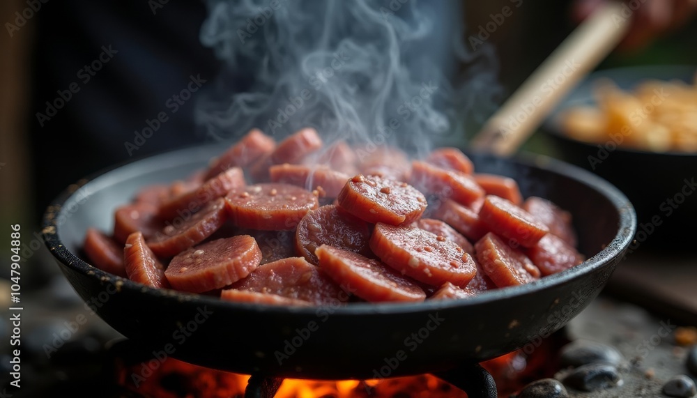 Fototapeta premium Sizzling sausages on a grill perfect for a BBQ feast