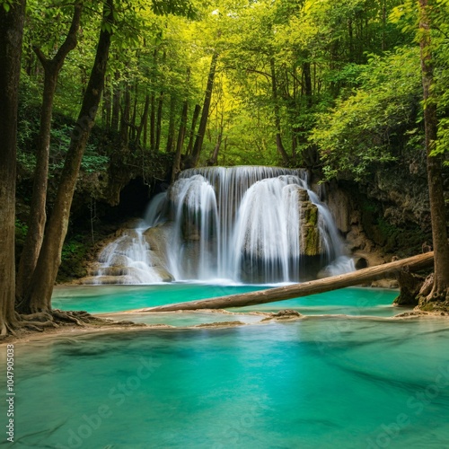 Turquoise waterfall cascading into a lush green forest