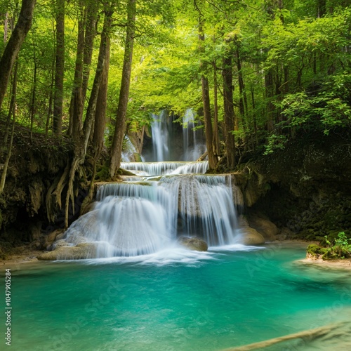 Turquoise waterfall cascading into a lush green forest