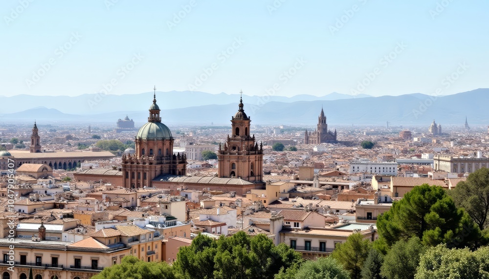 Vibrant cityscape under clear blue sky Vibrant cityscape under clear blue sky