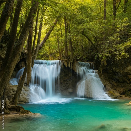 Turquoise waterfall cascading into a lush green forest