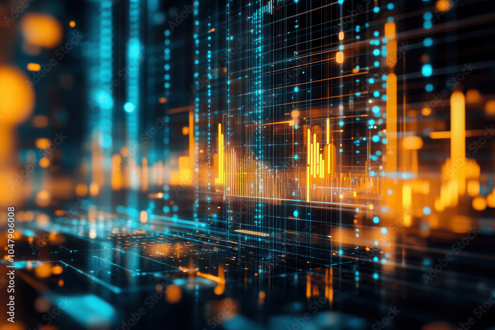 Abstract digital visualization of data with glowing lines and bars representing information flow. Abstract digital visualization of data with glowing lines and bars representing information flow.