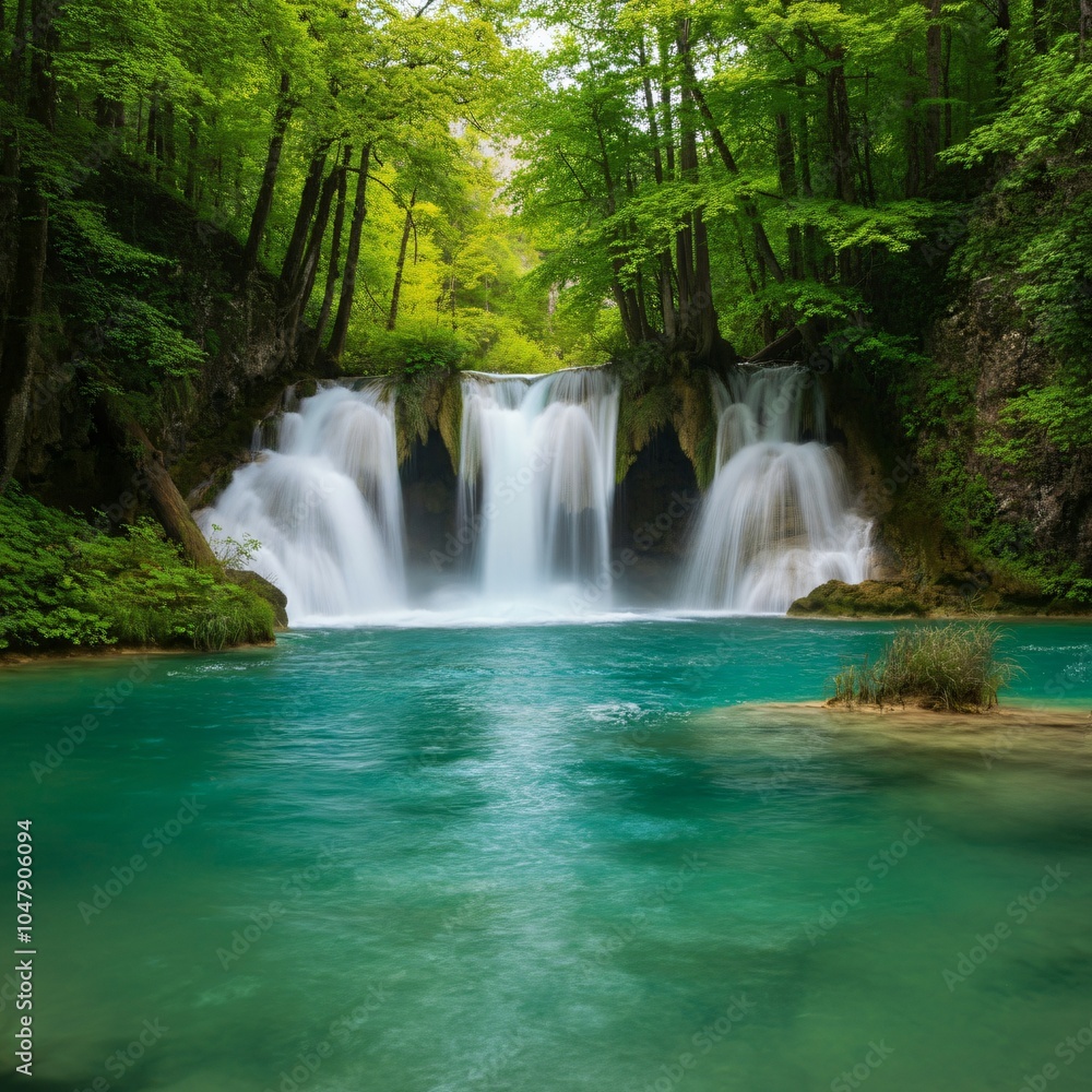 Fototapeta premium Turquoise waterfall cascading into a lush green forest