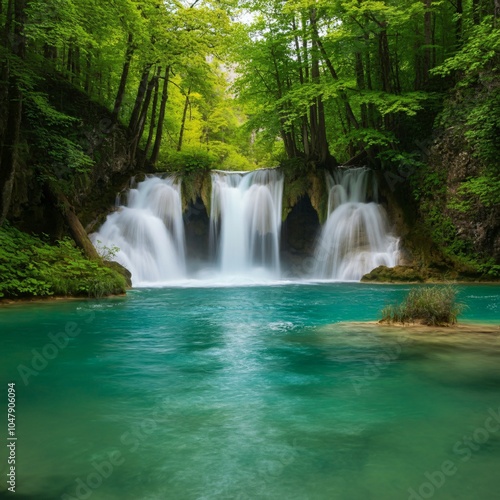 Turquoise waterfall cascading into a lush green forest