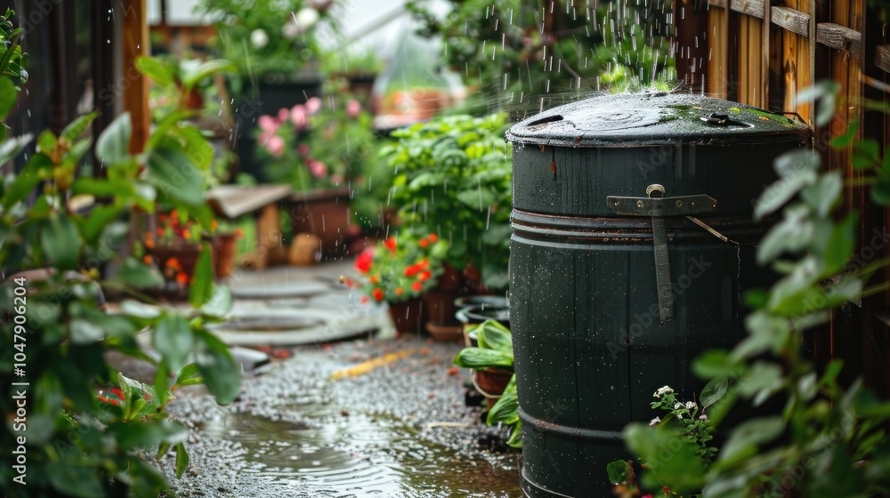 rainwater collection in the garden with barrels, rainwater collection in the garden with barrels,