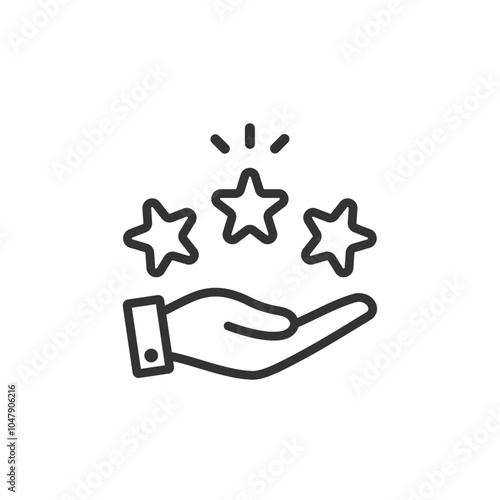 手のひらに乗せた輝く3つ星のベクターアイコン(線画・白黒)