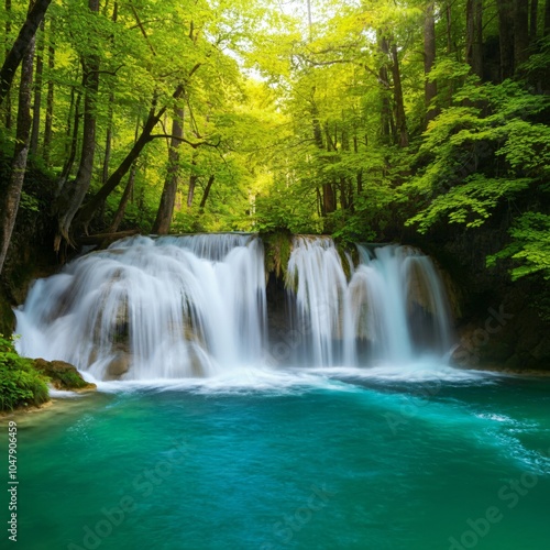 Turquoise waterfall cascading into a lush green forest