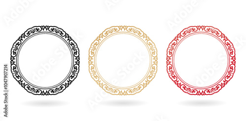 circular ornamental motif with rope inside round frames with three set colors isolated white backgrounds for texts applicable accessories, invitation birthday cards, gift paper, screen printing glass